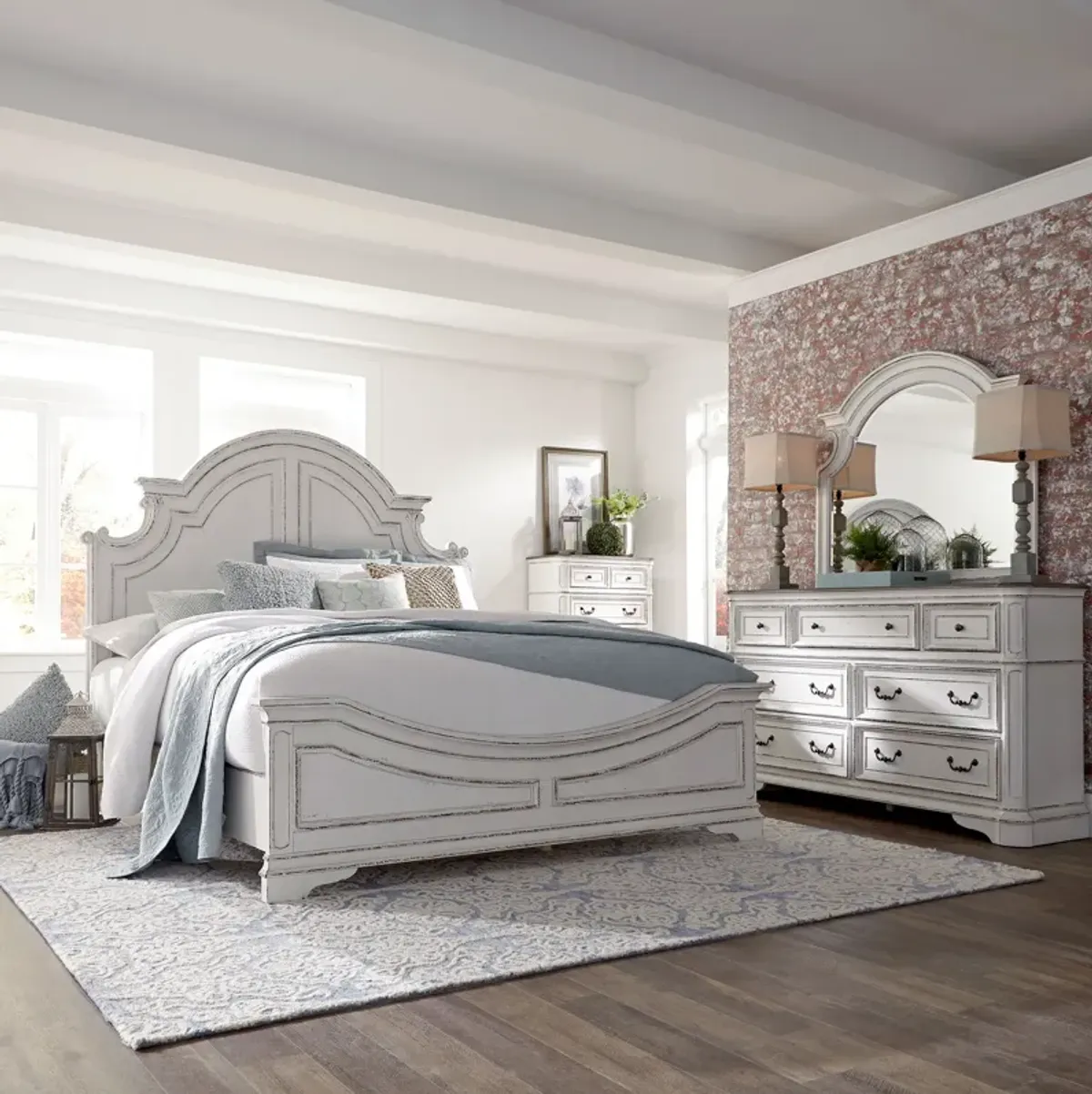 Liberty Furniture Complete King Bedroom Set Panel Bed, Dresser, Mirror & Chest Magnolia Manor