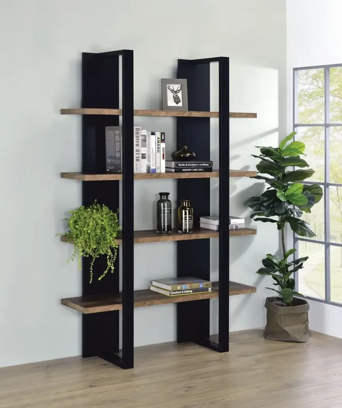 Coaster Danbrook 71 Inch 4-Shelf Bookshelf Black & Aged Walnut