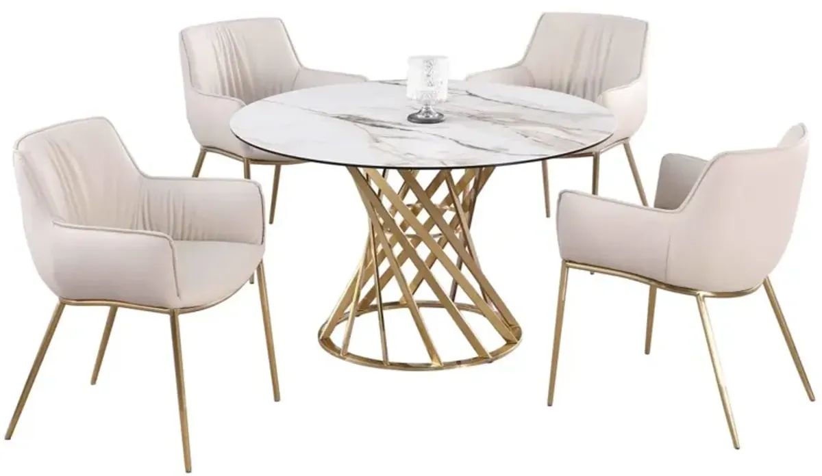 Chintaly Tracy Brushed Gold/Taupe Dining Set with Sintered Stone Golden Base & Club Style Arm Chairs