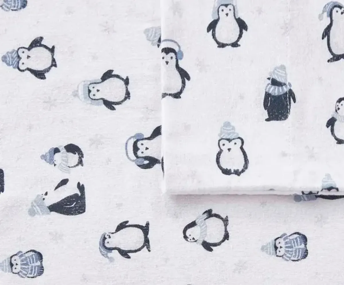 INTELLIGENT DESIGN TWIN XL BLUE PENGUINS COZY SOFT COTTON NOVELTY PRINT FLANNEL SHEET SET