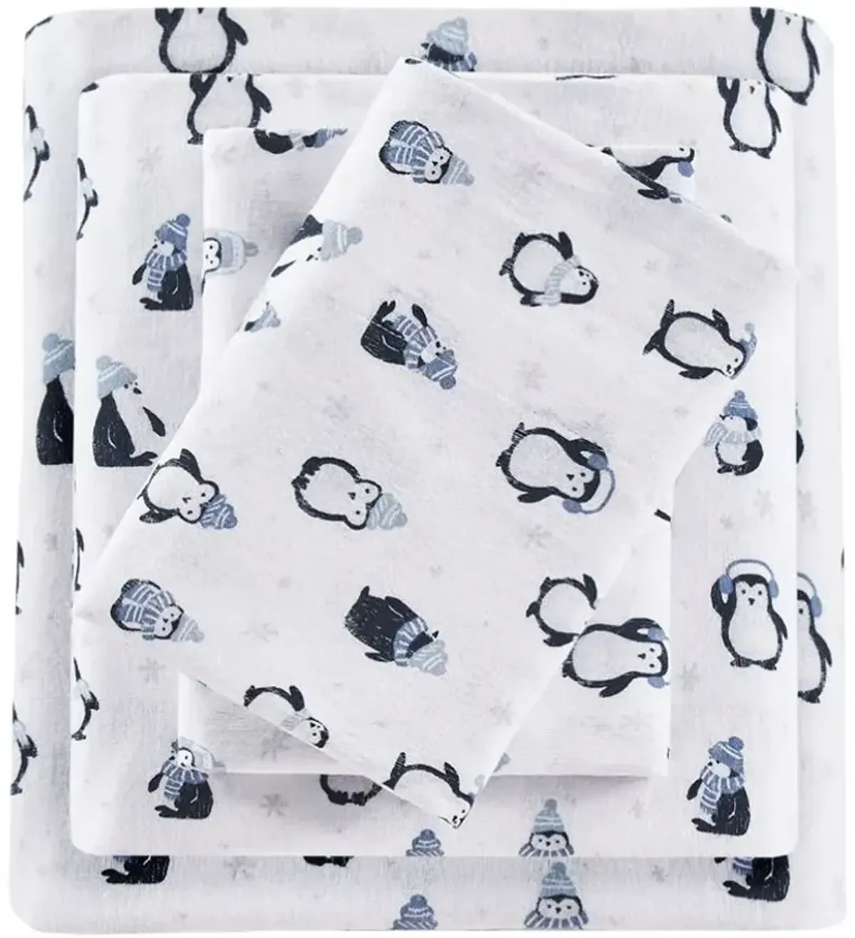 Olliix Intelligent Design Twin XL Blue Penguins Cozy Soft Cotton Novelty Print Flannel Sheet Set