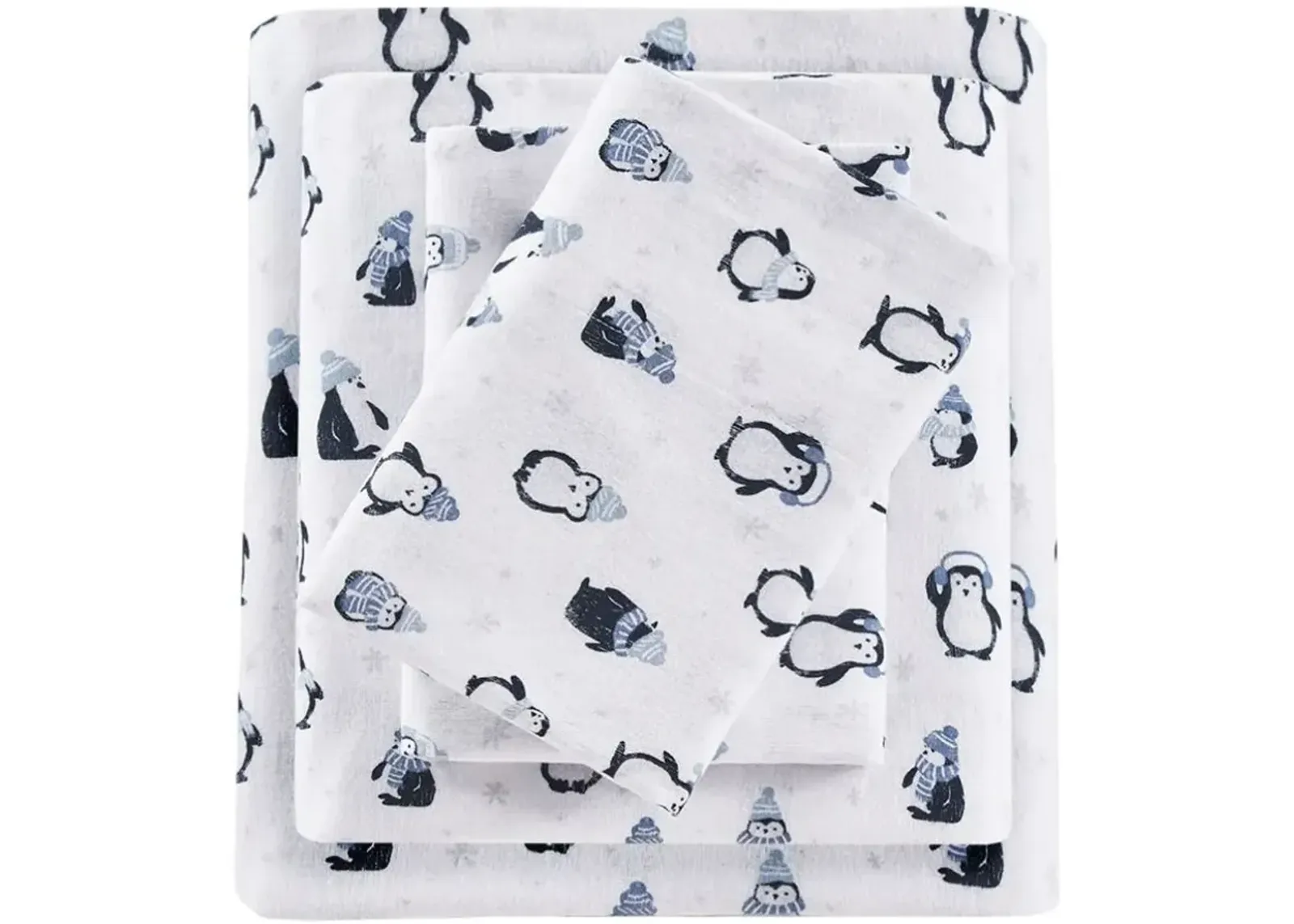 INTELLIGENT DESIGN TWIN XL BLUE PENGUINS COZY SOFT COTTON NOVELTY PRINT FLANNEL SHEET SET