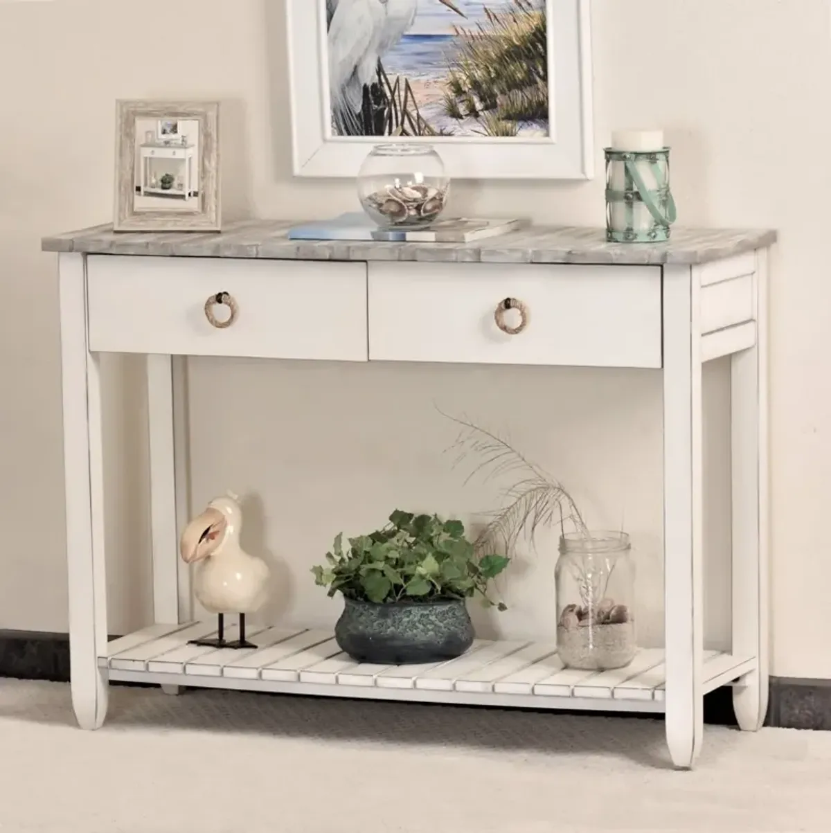 Seawinds Picket Fence Console Serving Table Grey/Blanc Finish