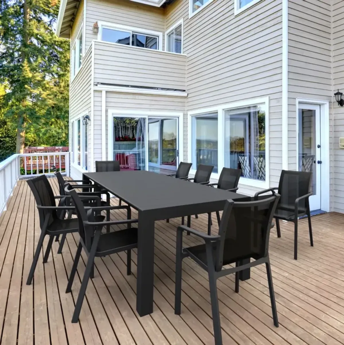 Compamia Pacific 11-Piece Outdoor Dining Set with Extension Table & Sling Arm Chairs Black Frame Black Sling