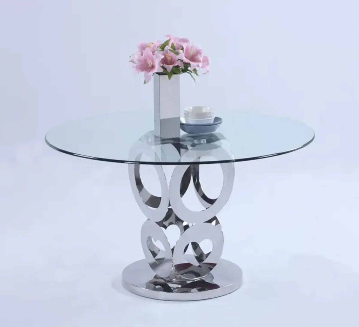 Chintaly Raegan Round Glass Top Dining Table with Steel Base