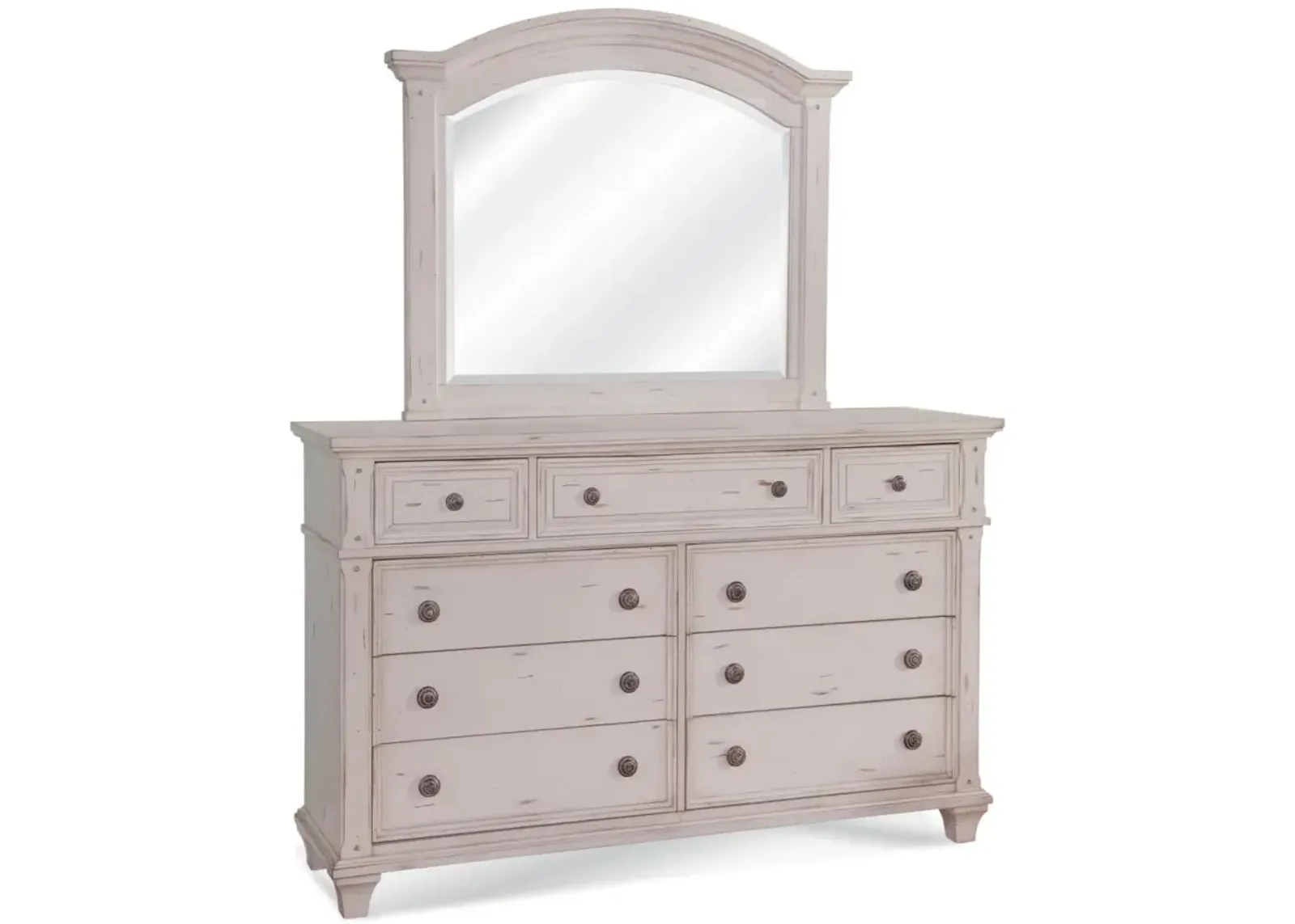 American Woodcrafters Complete Queen Bedroom Set Panel Bed, Dresser, Mirror & Nightstand Cobblestone White Sedona