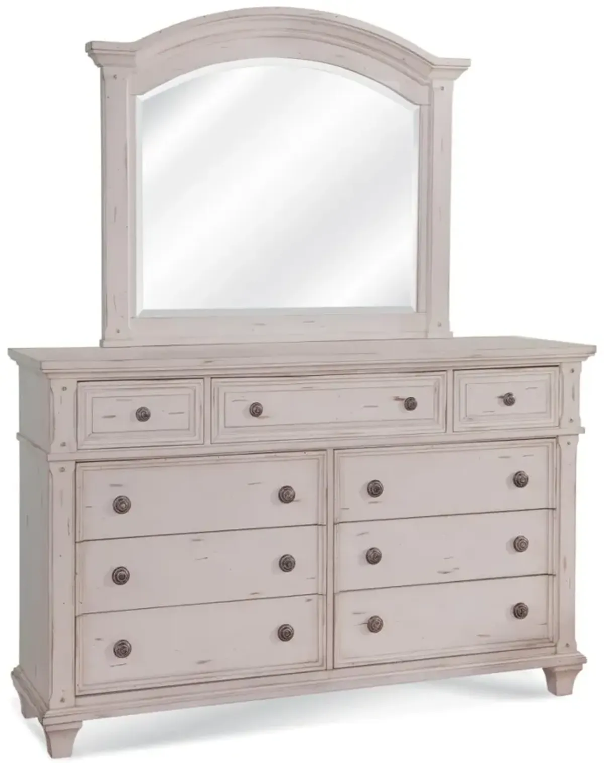 American Woodcrafters Complete Queen Bedroom Set Panel Bed, Dresser, Mirror & Nightstand Cobblestone White Sedona