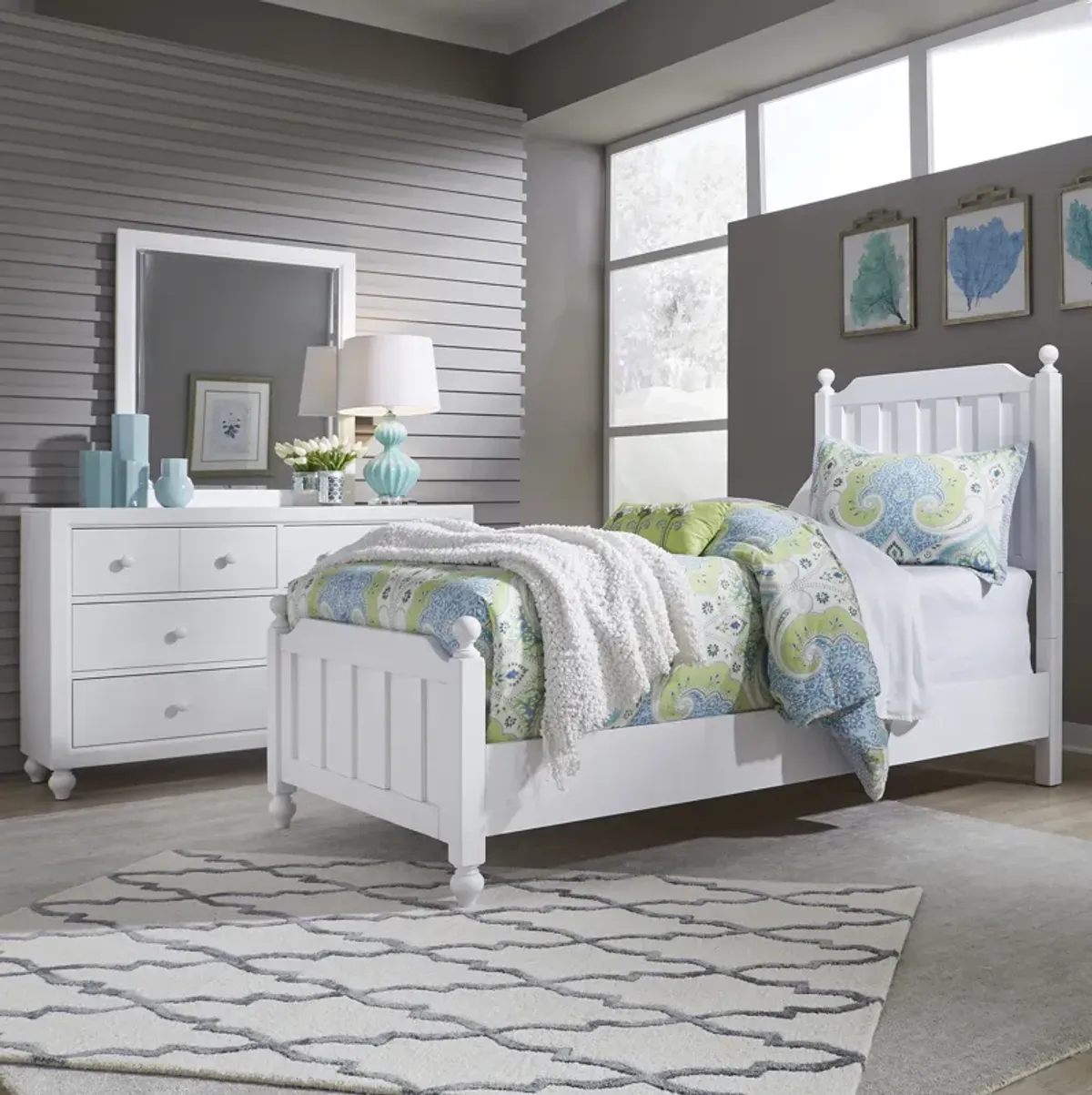 Liberty Furniture Kids/Teens Complete Twin Bedroom Set Panel Bed, Dresser & Mirror White Cottage View