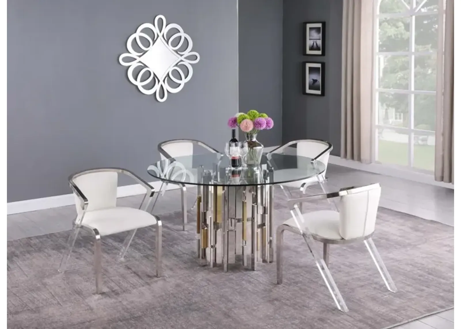 Chintaly Verona Contemporary Round Glass Dining Table with Steel & Golden Cluster Design Base