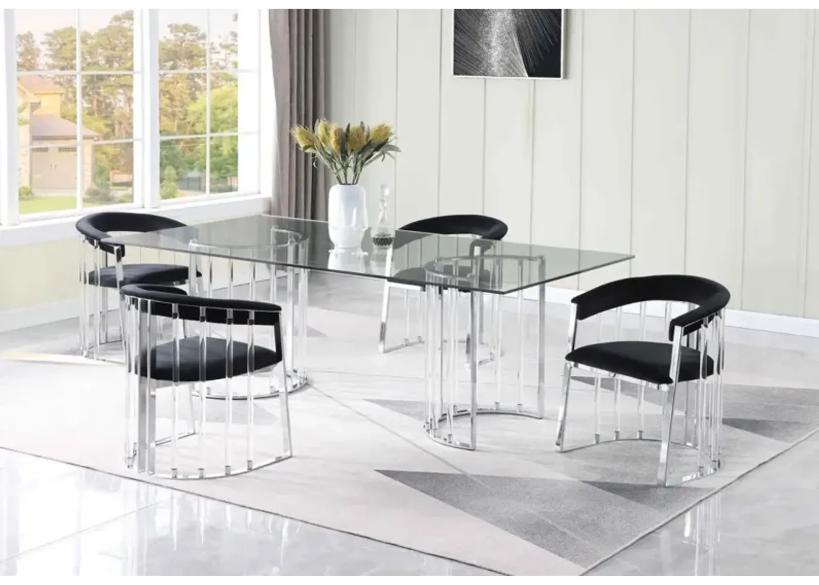 TRISHA DINING SET WITH 36 INCH X 60 INCH GLASS TOP TABLE & ACRYLIC ARM CHAIRS