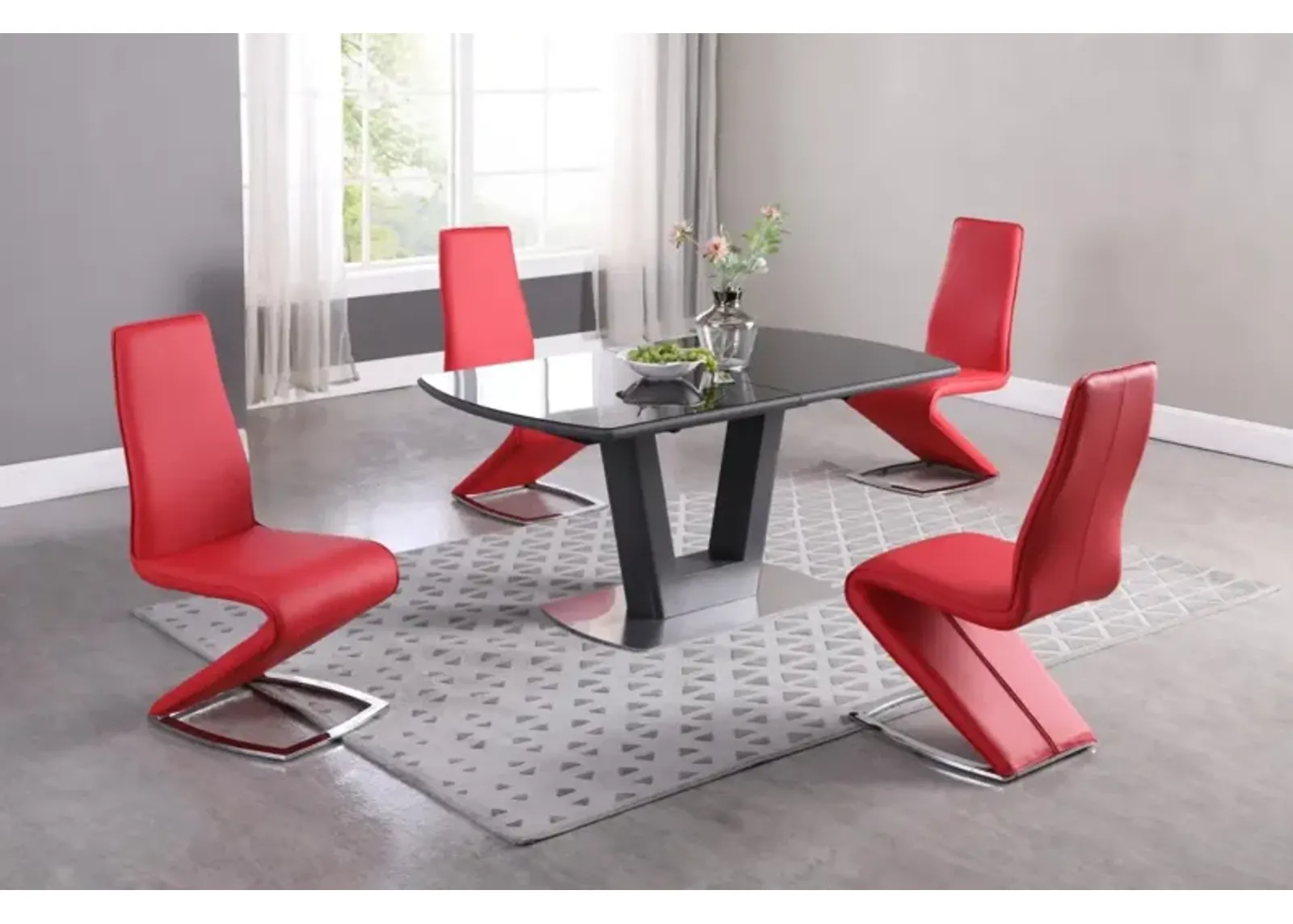 Chintaly Suri Contemporary Dining Set with Extendable Glass Table & Z-Shaped Coral Red Chairs