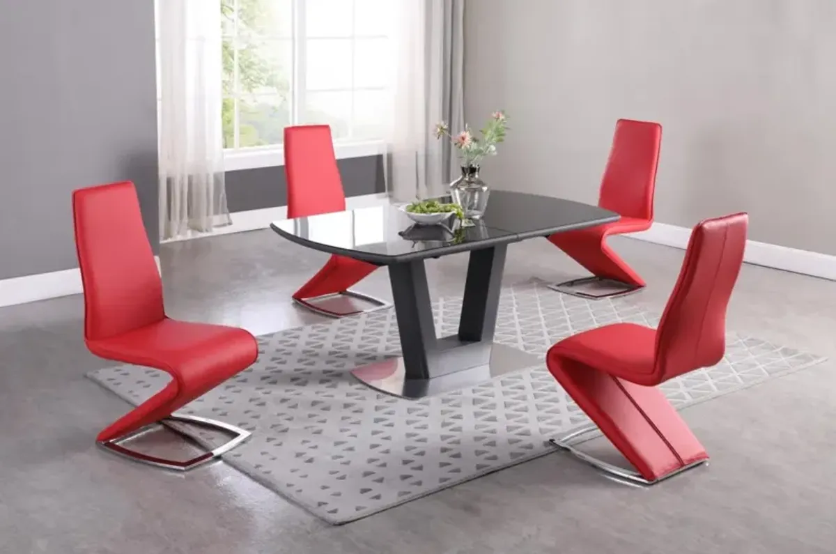 Chintaly Suri Contemporary Dining Set with Extendable Glass Table & Z-Shaped Coral Red Chairs