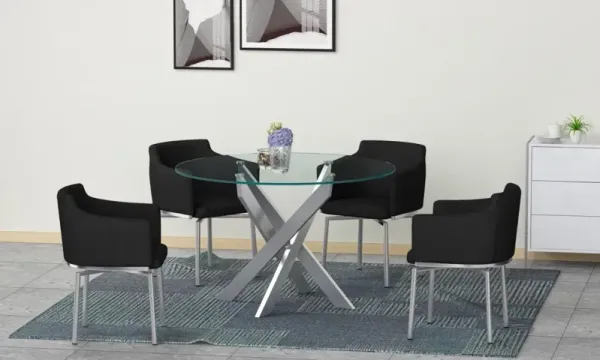 Chintaly Dusty Black Dining Set with Round Glass Table & Swivel Club Chairs