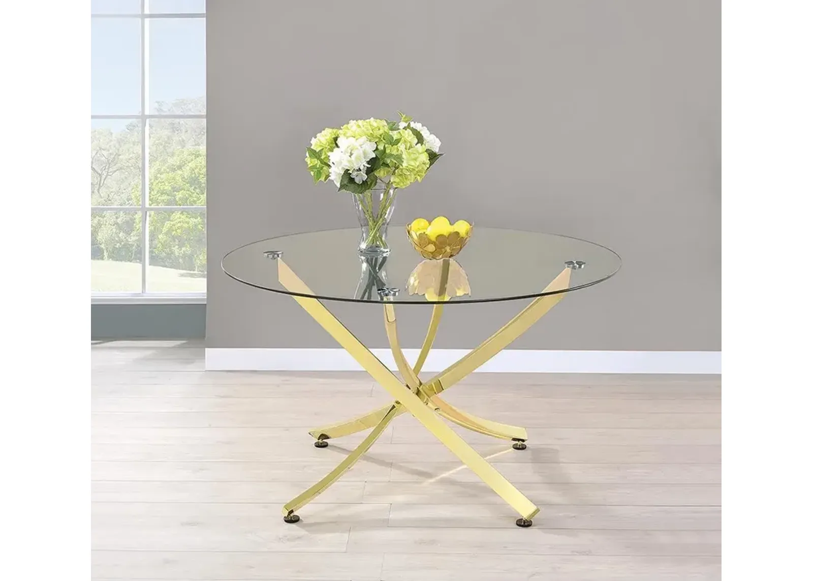 Beckham Round 46 Inch Glass Top Dining Table Brass