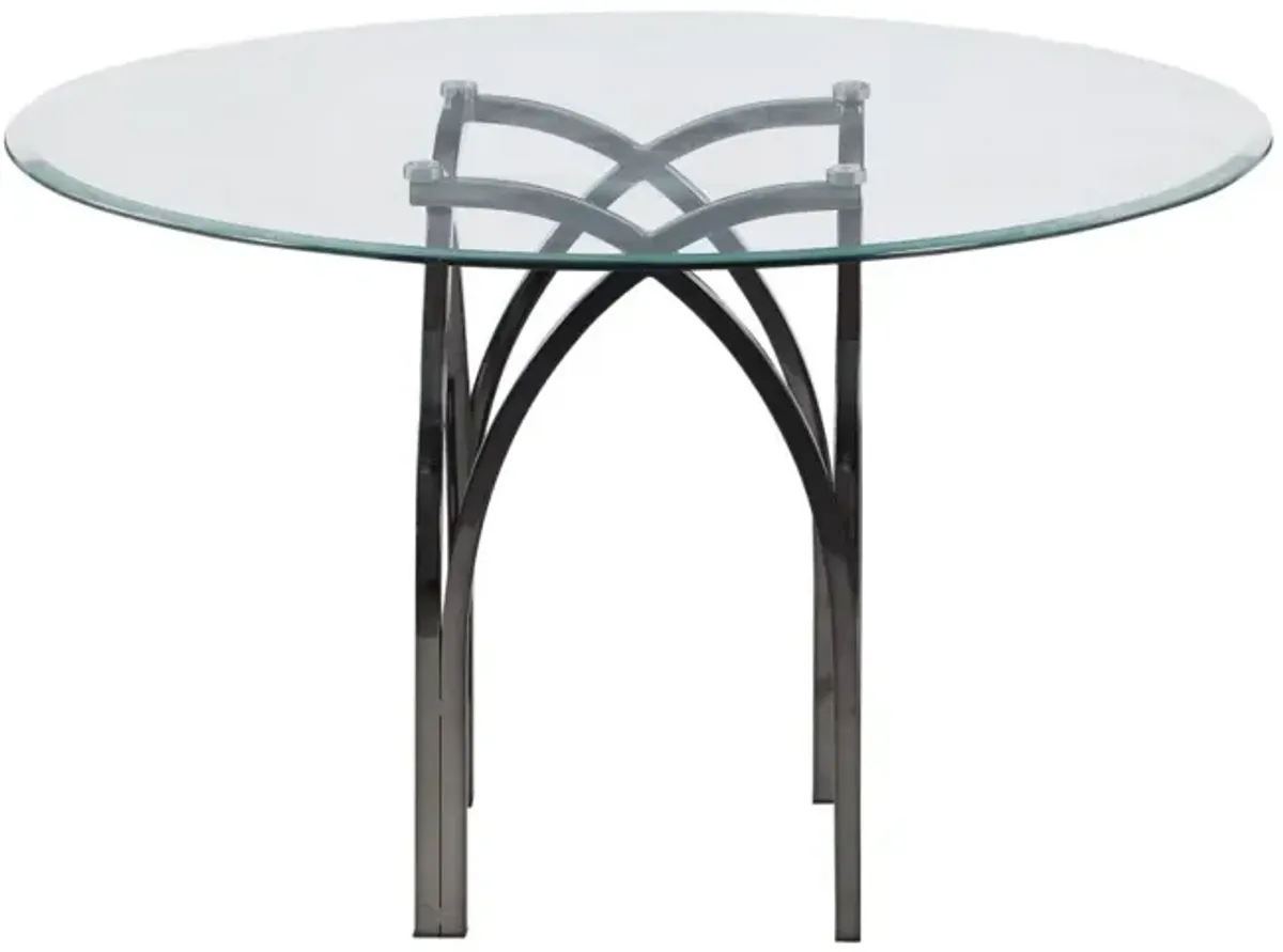 JULIETTE ROUND GLASS TOP DINING TABLE WITH ART DECO STEEL BASE