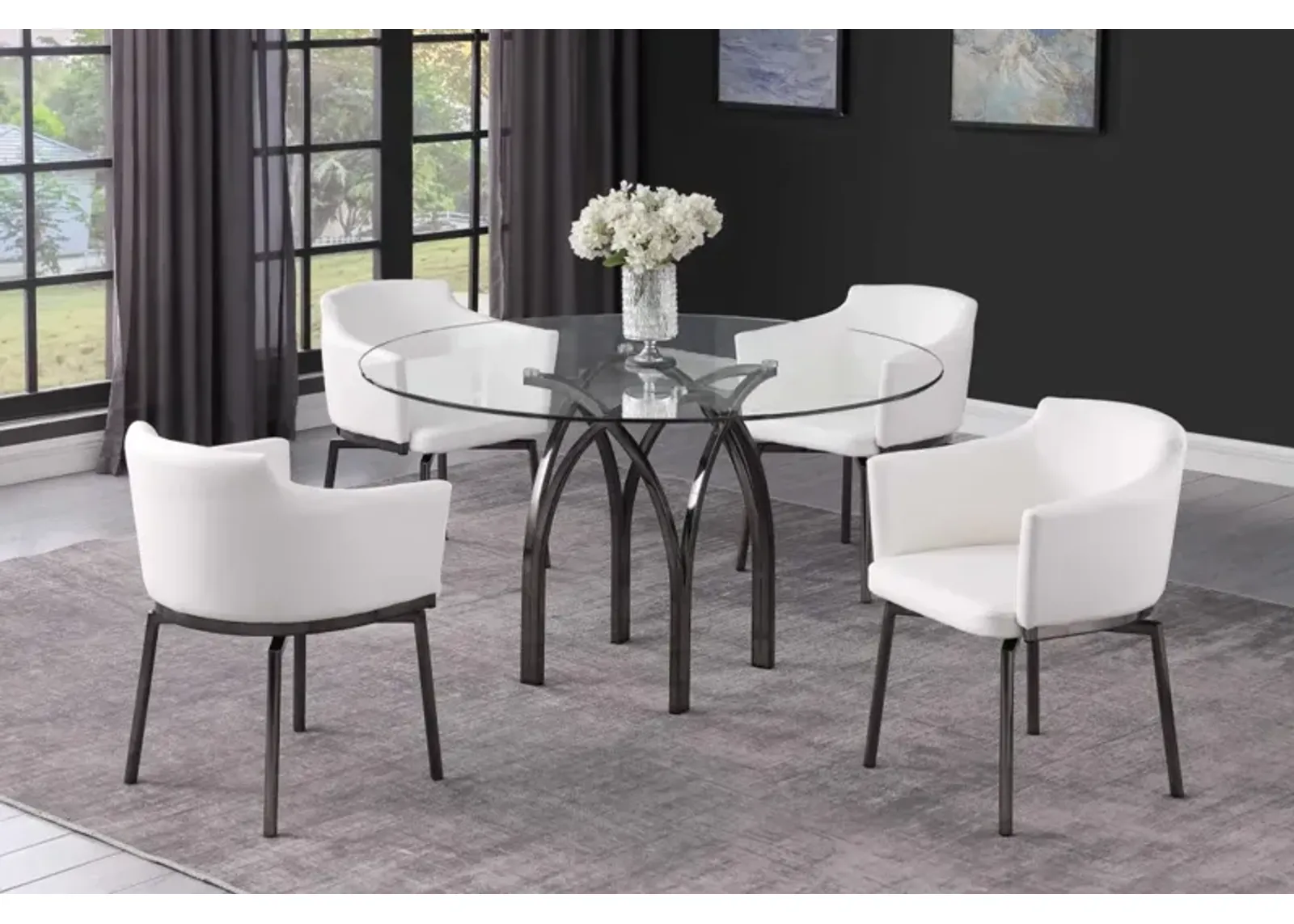 JULIETTE ROUND GLASS TOP DINING TABLE WITH ART DECO STEEL BASE