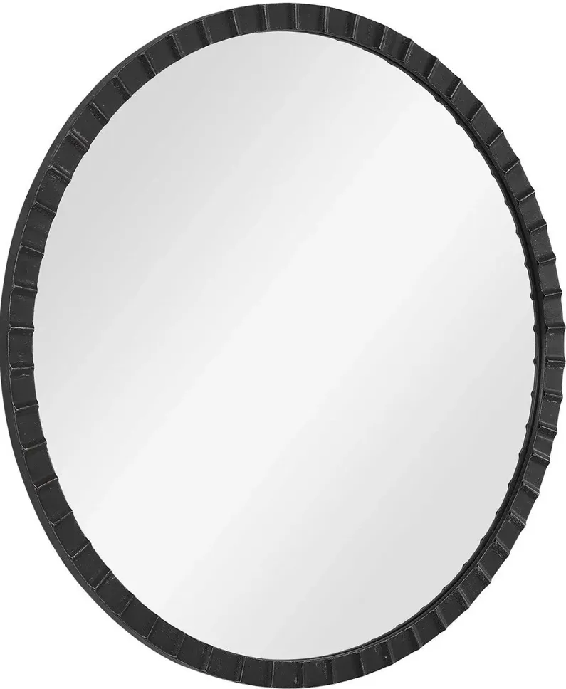 DANDRIDGE DISTRESSED MATTE BLACK ROUND INDUSTRIAL MIRROR