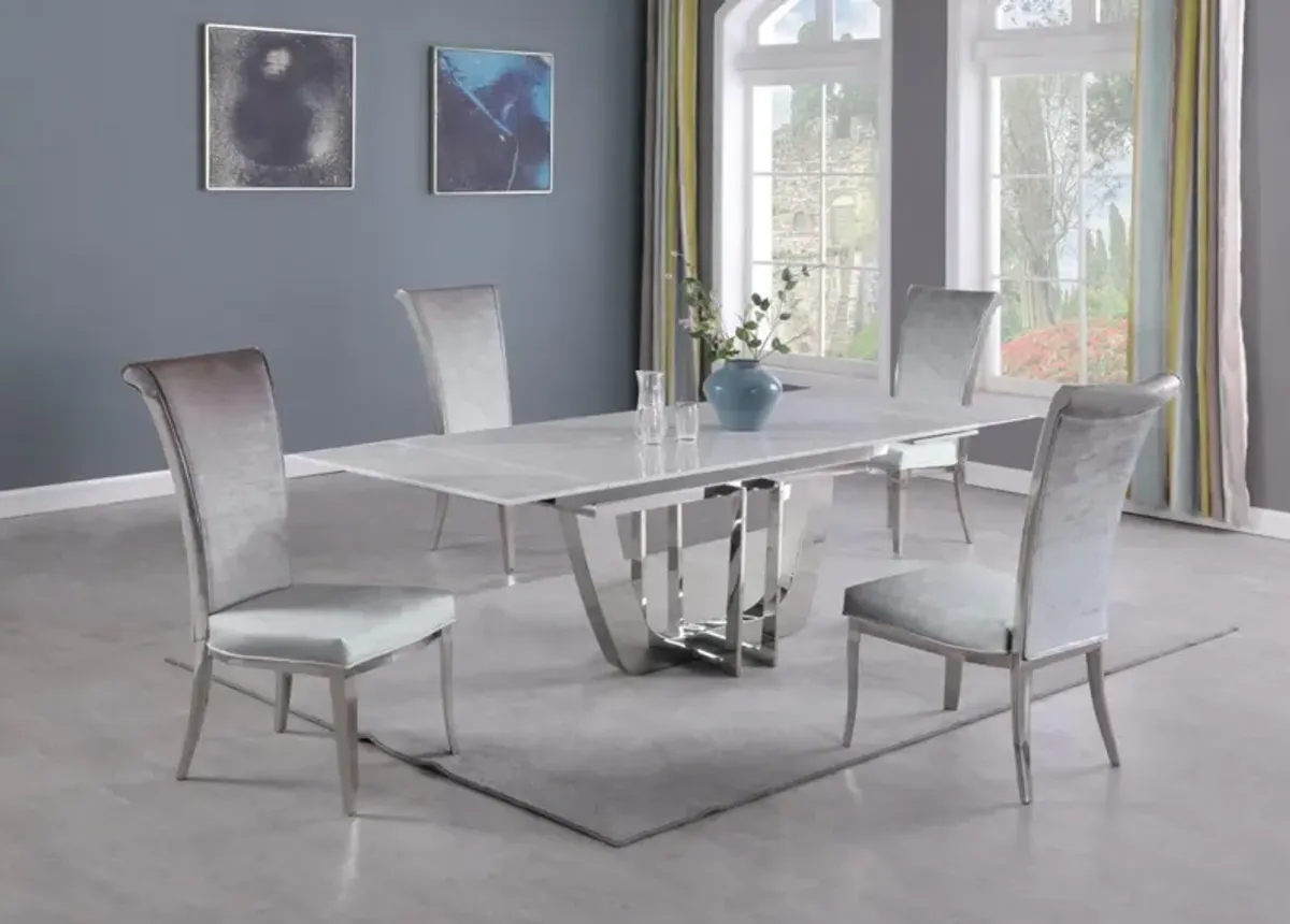 Chintaly Joy Grey Dining Set with Extendable Carrara Marble Table & 4 High-Back Chairs