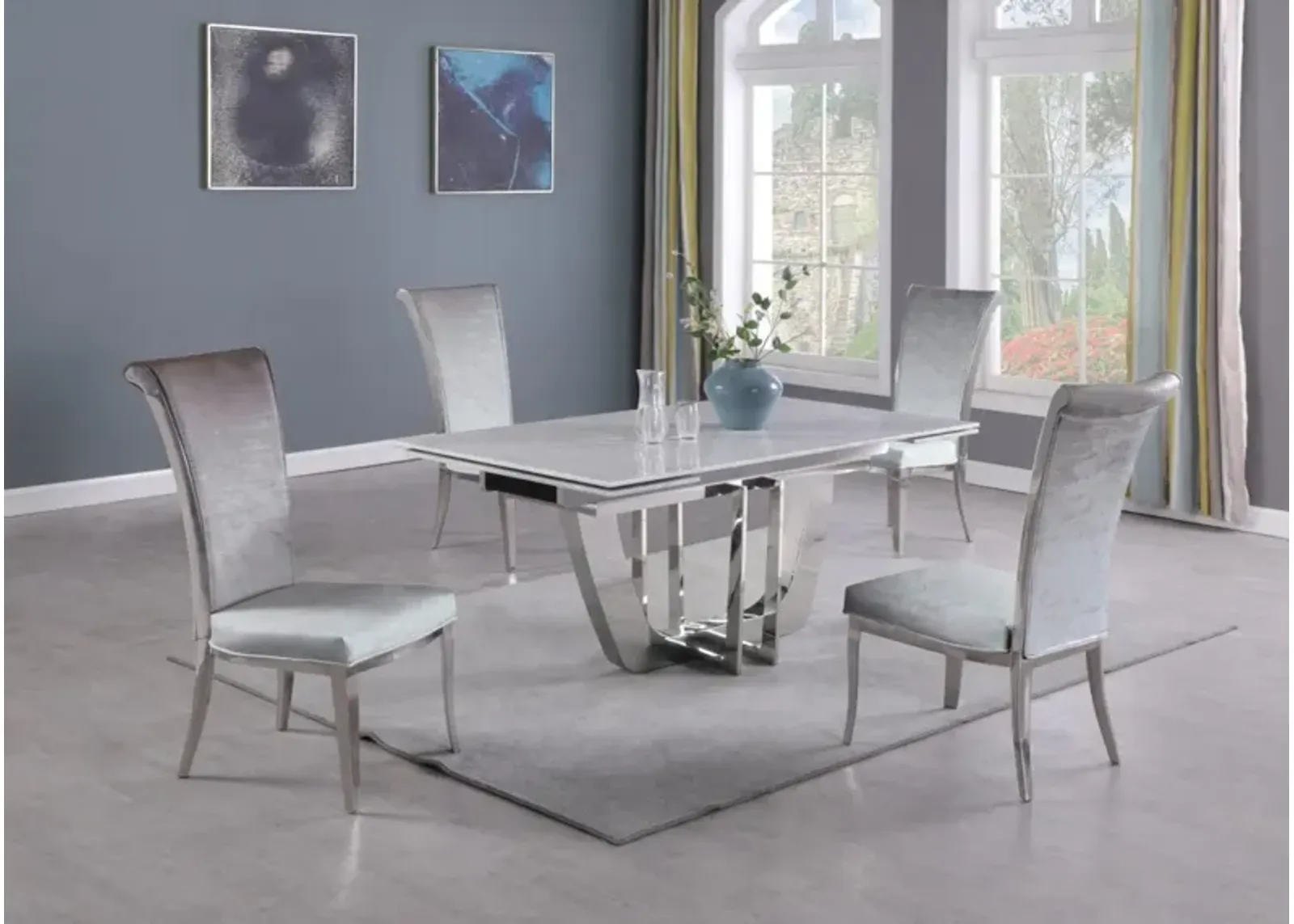 Chintaly Joy Grey Dining Set with Extendable Carrara Marble Table & 4 High-Back Chairs