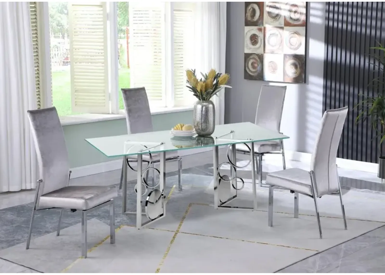 Chintaly Bruna Grey Dining Set with 36 Inch X 60 Inch Glass Top Table & 4 Motion-Back Chairs