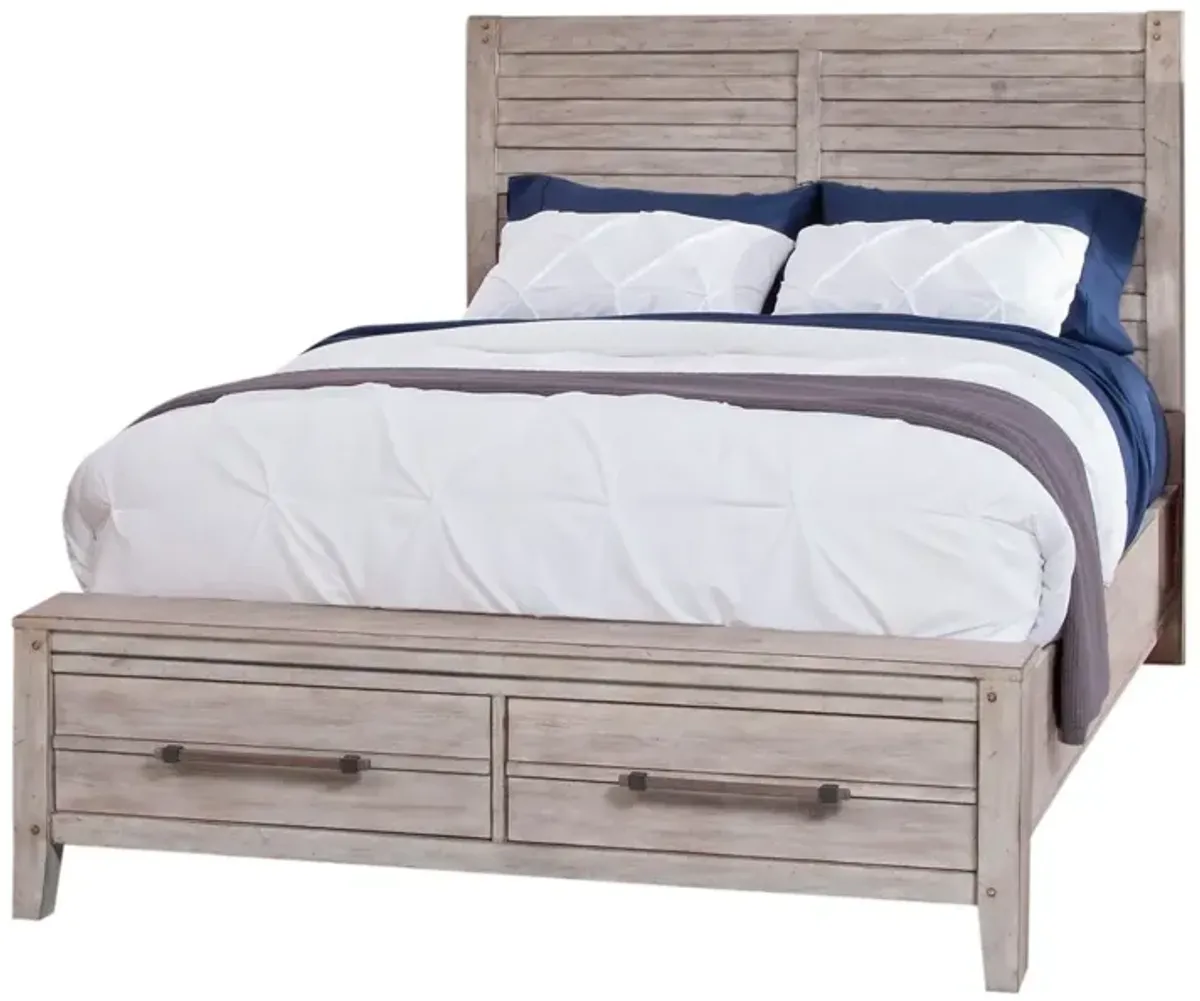 American Woodcrafters Aurora Whitewash 5-Piece Bedroom Set Queen Panel Bed with Storage Footboard Dresser Mirror1-Drawer Nightstand & Chest