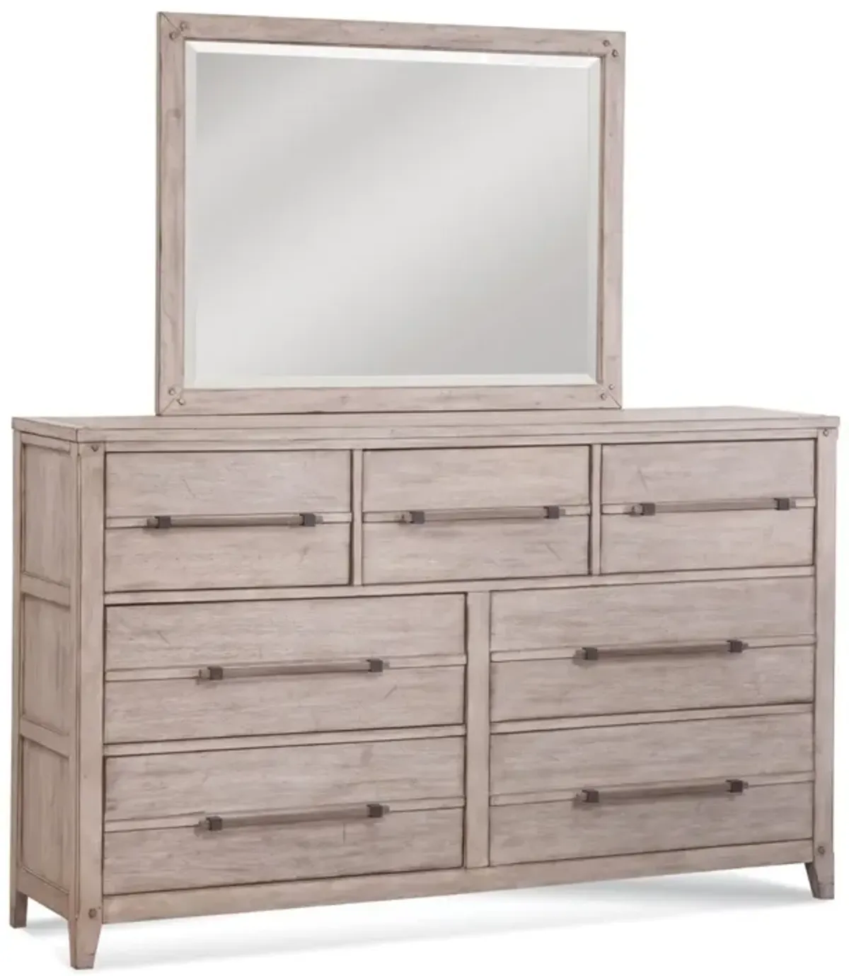 American Woodcrafters Aurora Whitewash 5-Piece Bedroom Set Queen Panel Bed with Storage Footboard Dresser Mirror1-Drawer Nightstand & Chest