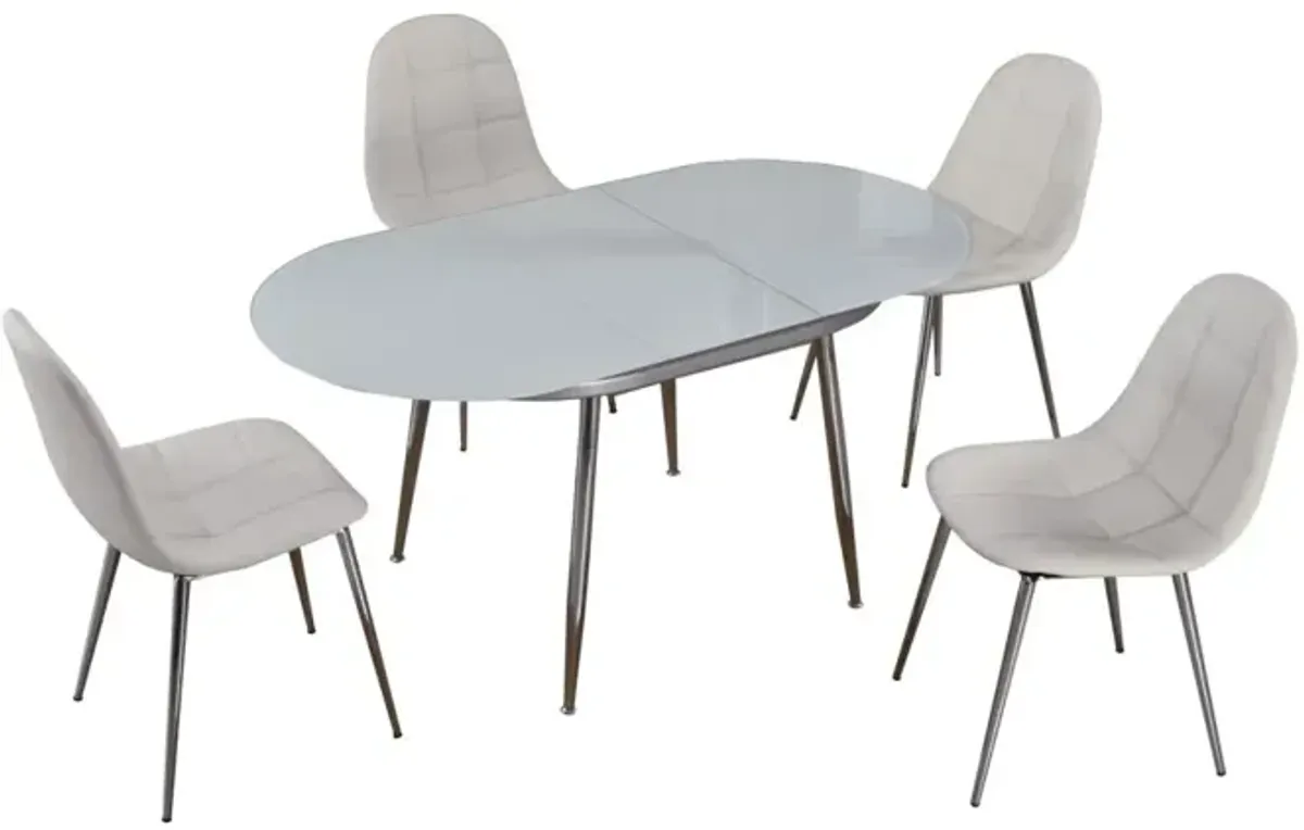 Chintaly Donna Contemporary Dining Set with White Glass Top & Upholstered Chairs