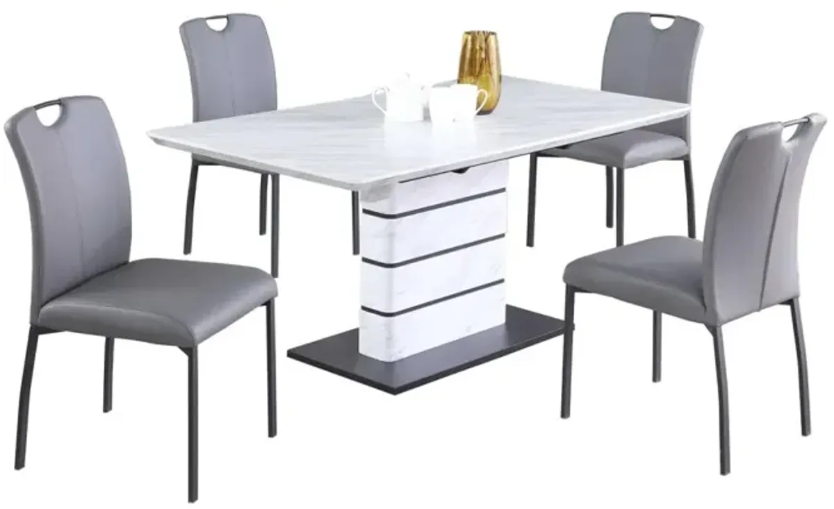 KELLY CONTEMPORARY DINING SET WITH EXTENDABLE MARBLEIZED TABLE, ART DECO STRIP BASE & 4 HANDLE BACK CHAIRS