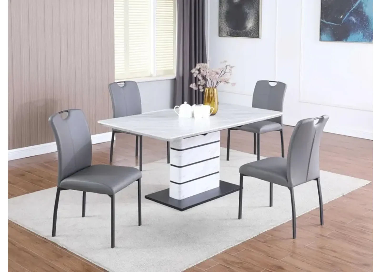 KELLY CONTEMPORARY DINING SET WITH EXTENDABLE MARBLEIZED TABLE, ART DECO STRIP BASE & 4 HANDLE BACK CHAIRS