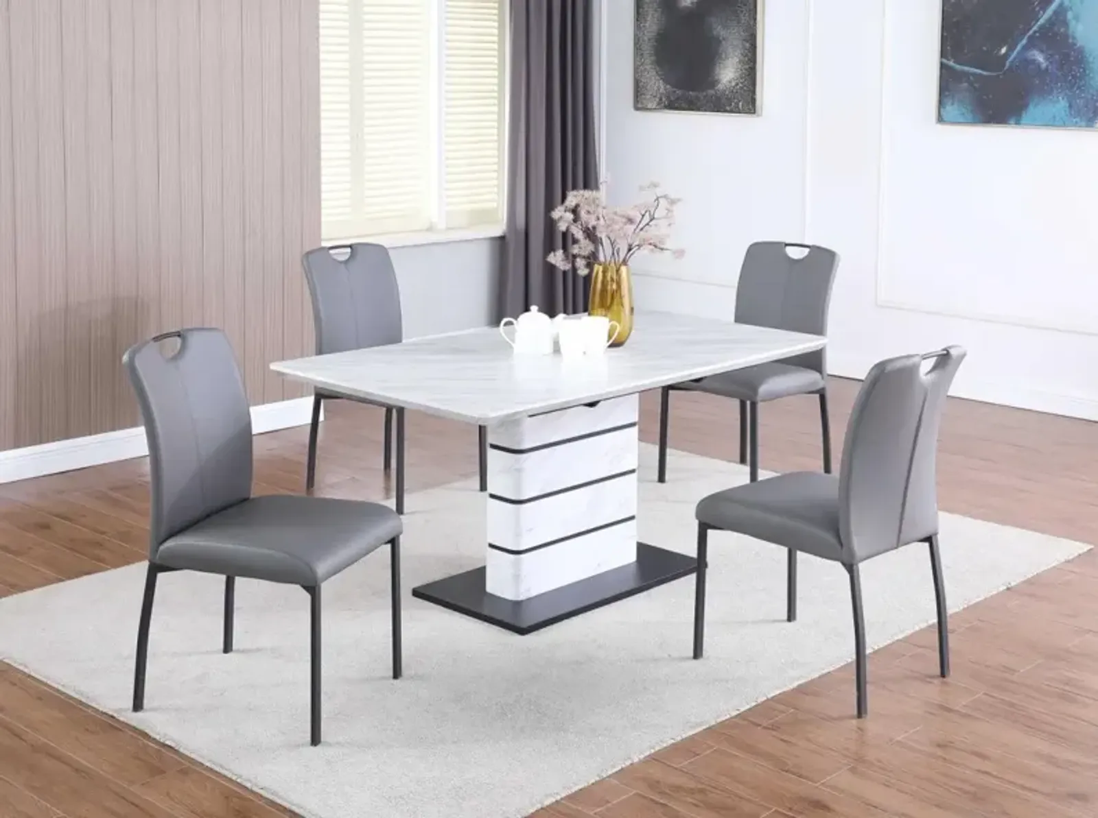 Chintaly Kelly Contemporary Dining Set with Extendable Marbleized Table Art Deco Strip Base & 4 Handle Back Chairs