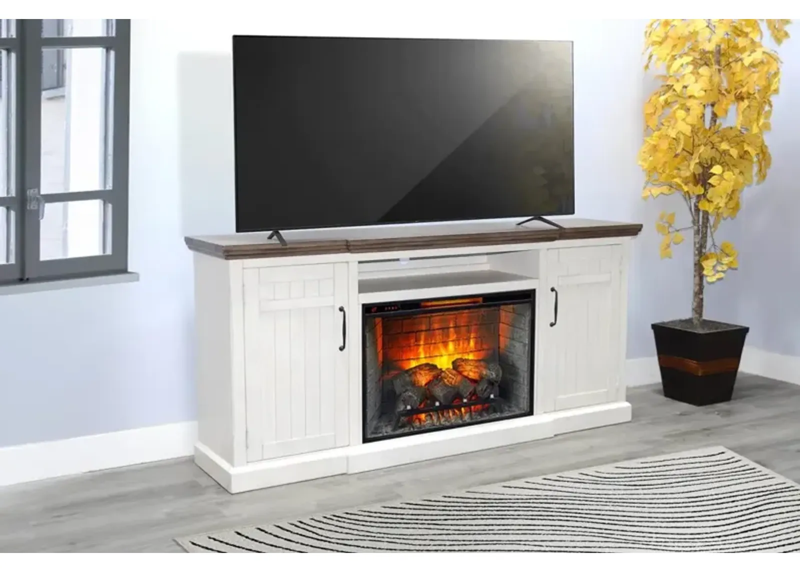 Sunny Designs Pasadena Marble White & Buckskin TV Stand Console with Fireplace Option