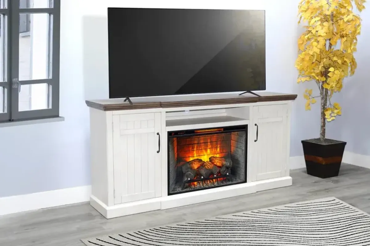 Sunny Designs Pasadena Marble White & Buckskin TV Stand Console with Fireplace Option