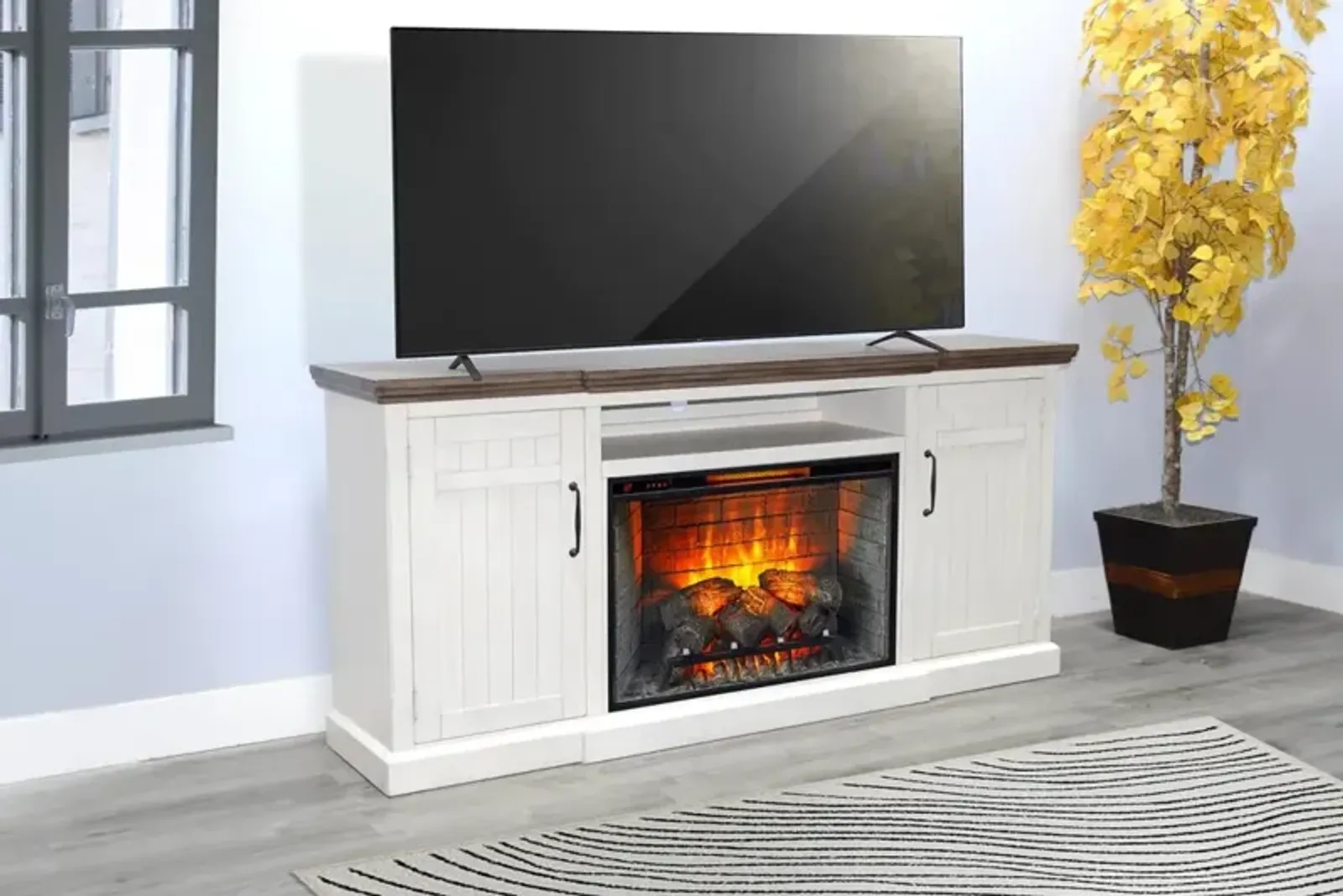 Sunny Designs Pasadena Marble White & Buckskin TV Stand Console with Fireplace Option