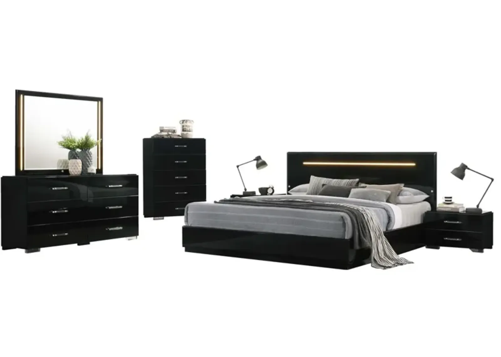 Chintaly Florence Modern Gloss Black Queen Bed with Led Lighting