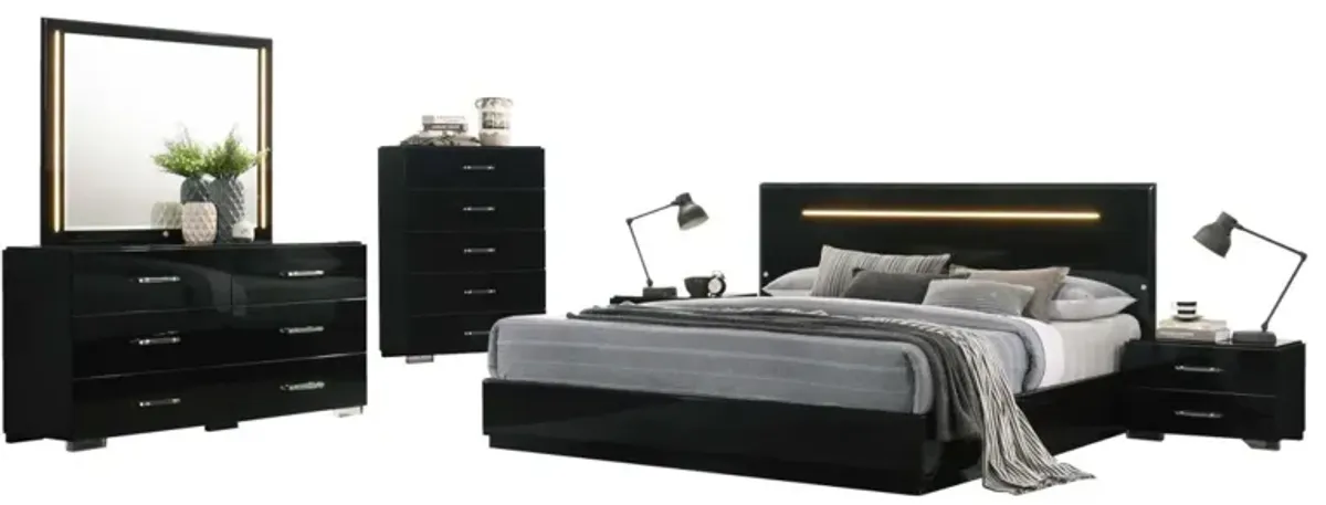 Chintaly Florence Modern Gloss Black Queen Bed with Led Lighting