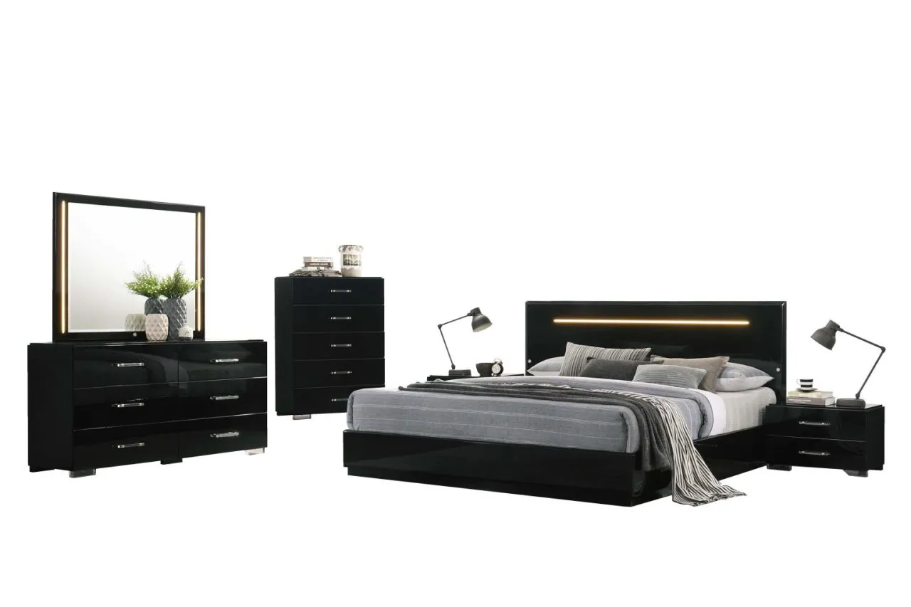 FLORENCE MODERN GLOSS BLACK QUEEN BED WITH LED LIGHTING