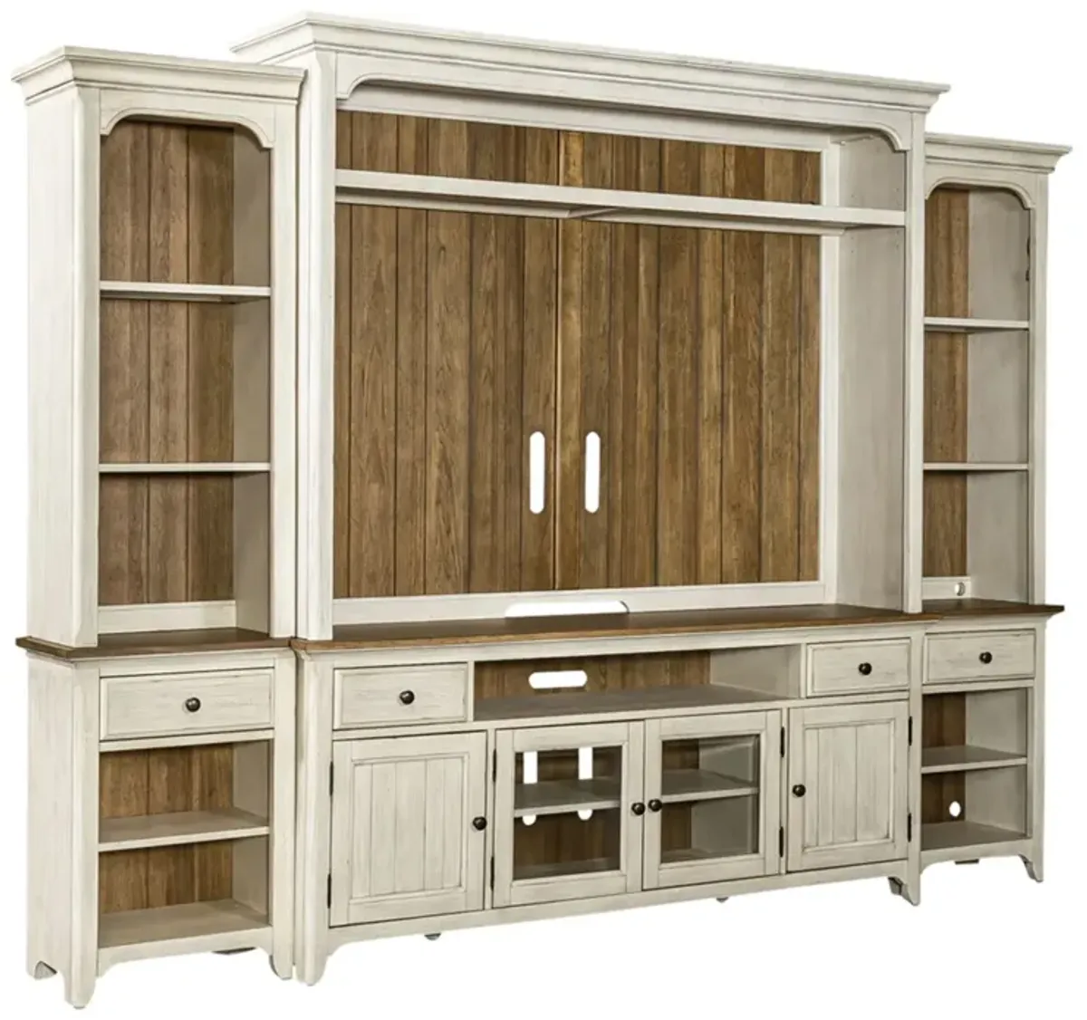 Liberty Furniture Farmhouse Reimagined Antique White/Chestnut Entertainment Center with Piers