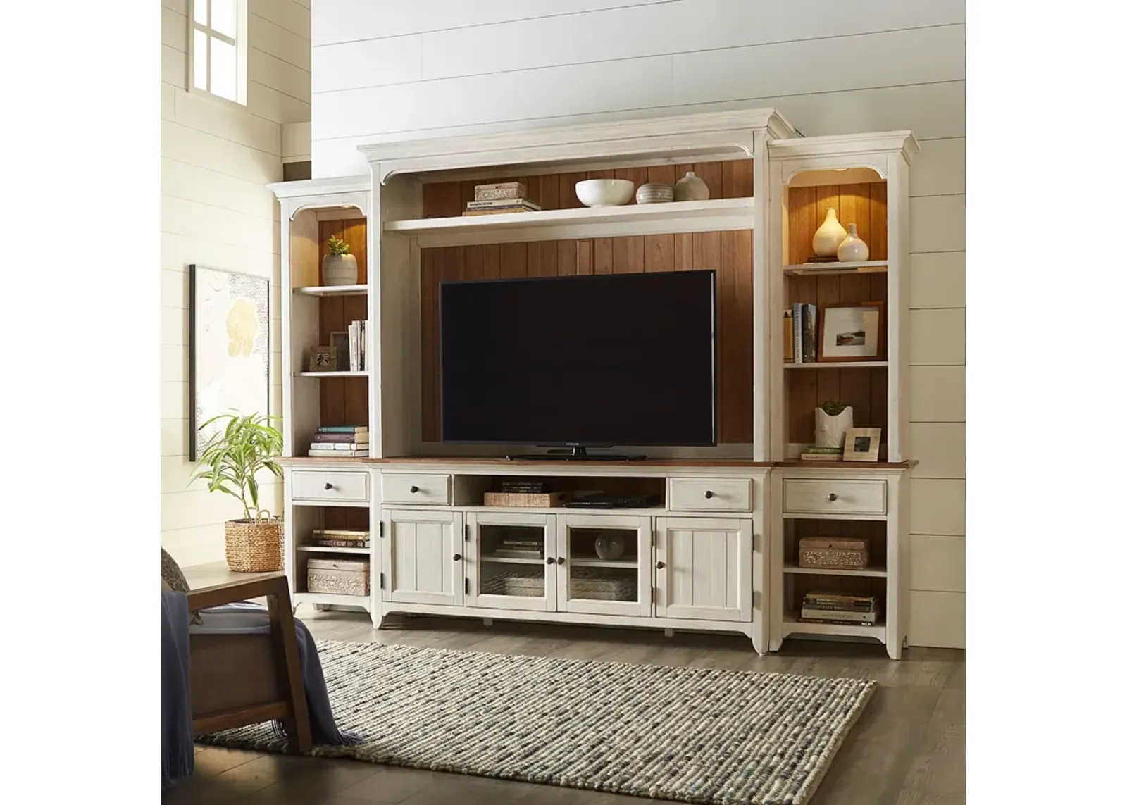 Liberty Furniture Farmhouse Reimagined Antique White/Chestnut Entertainment Center with Piers