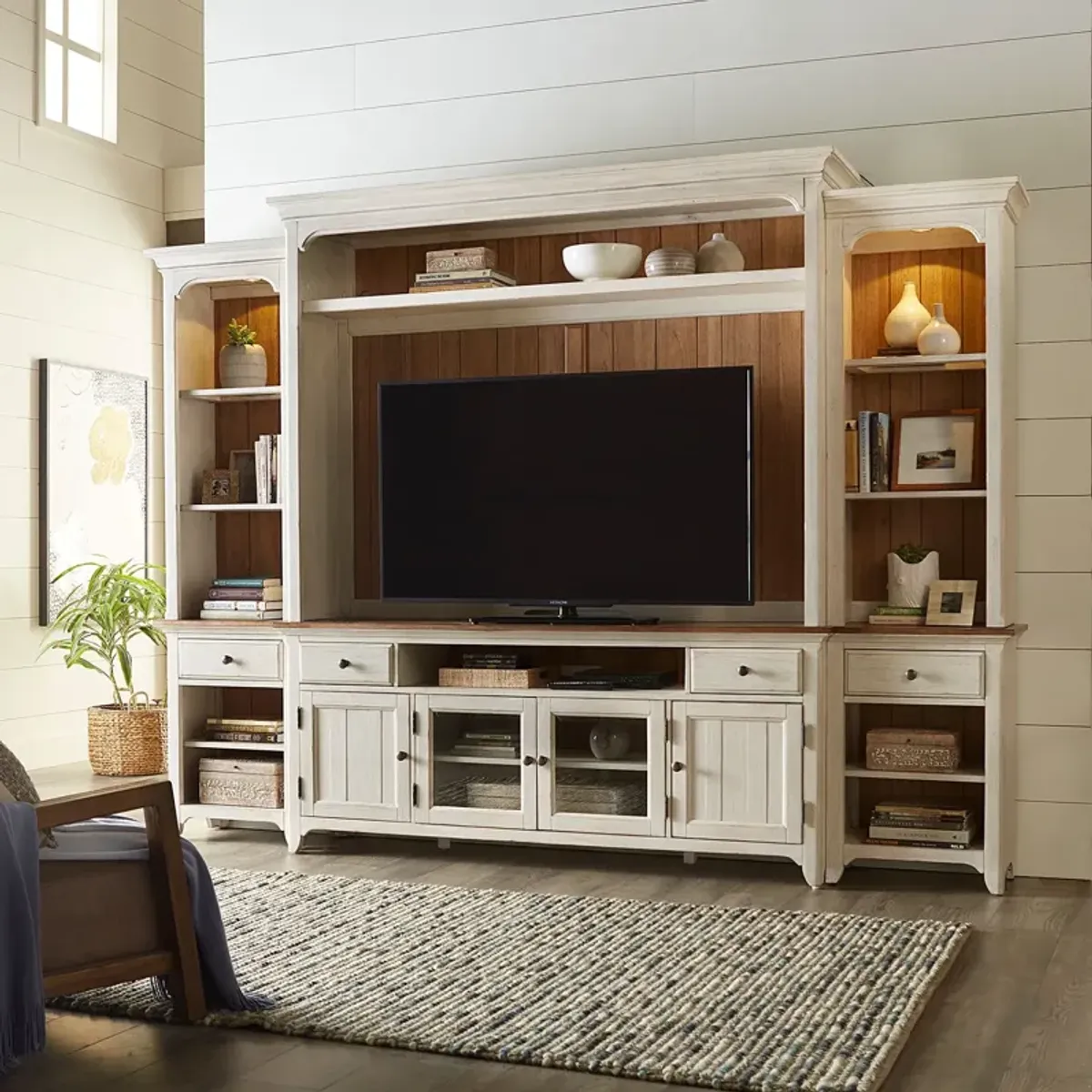 Liberty Furniture Farmhouse Reimagined Antique White/Chestnut Entertainment Center with Piers