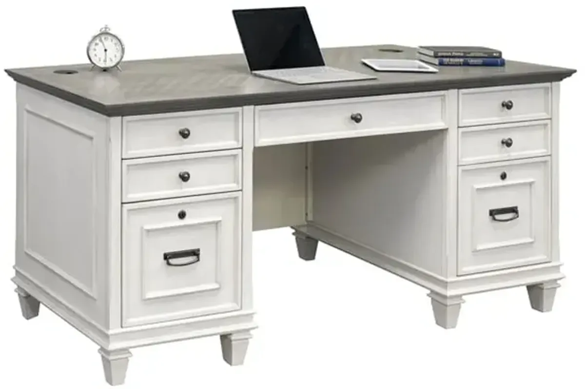 Martin Furniture Hartford Linen White 70 Inch Double Pedestal Desk with Gray Patterned Top