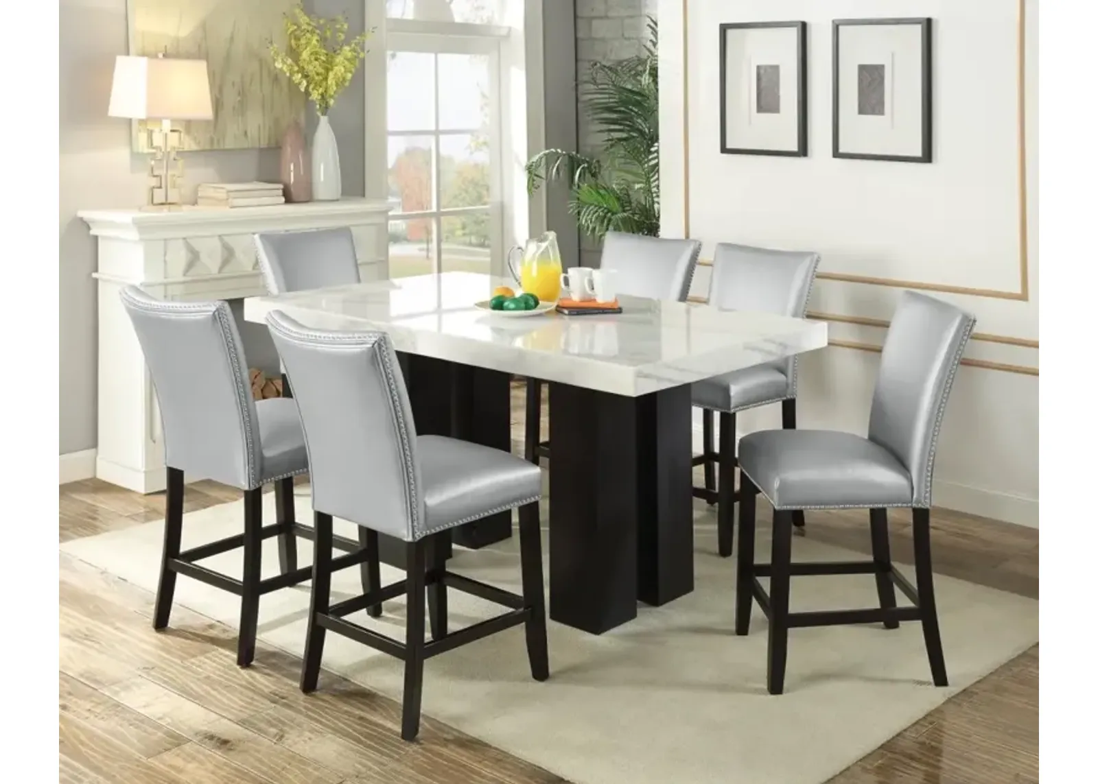 Rectangle 7-Piece Camila Counter Table & 6 Blue Velvet Counter Chairs