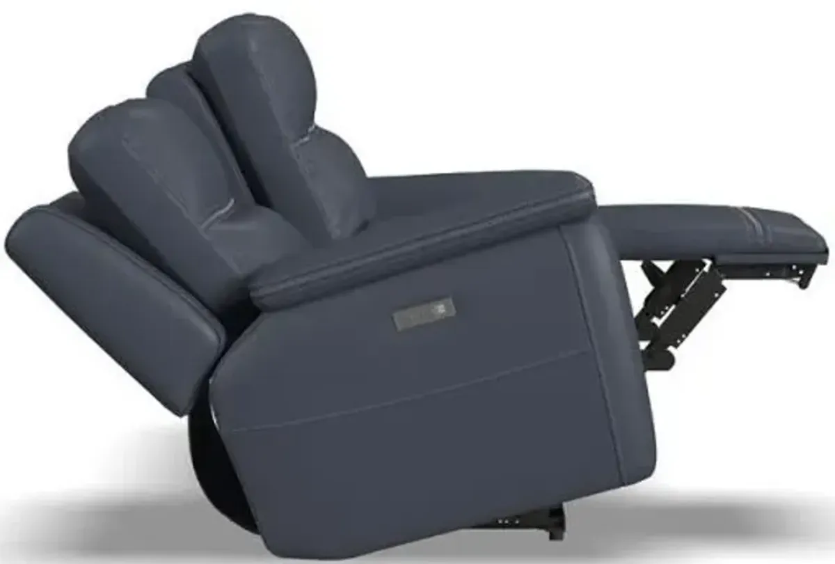 Flexsteel Sawyer Dark Blue Power Reclining Leather Console Loveseat with Power Headrests & Lumbar