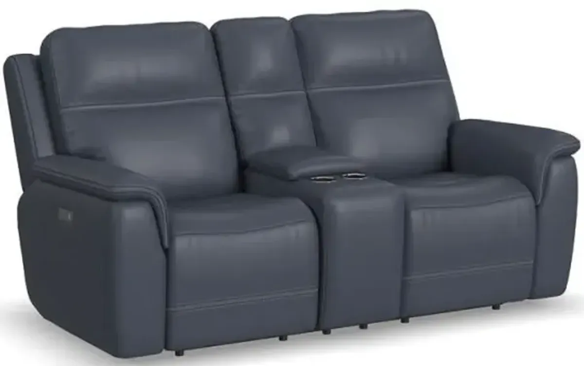 Flexsteel Sawyer Dark Blue Power Reclining Leather Console Loveseat with Power Headrests & Lumbar