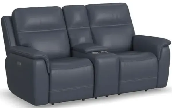 Flexsteel Sawyer Dark Blue Power Reclining Leather Console Loveseat with Power Headrests & Lumbar