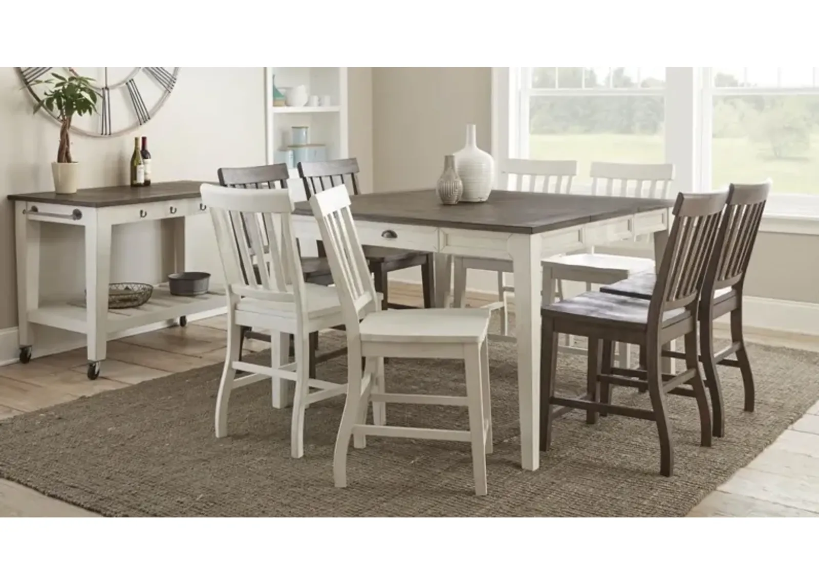 9-Piece Cayla Counter Table & 8 Counter Chairs In Brown/White