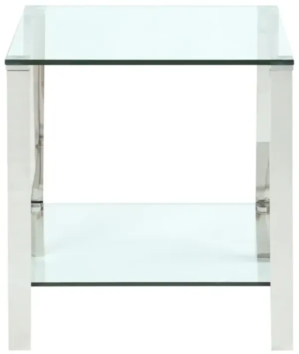 Chintaly Contemporary Square Glass & Stainless Steel Lamp Side Table