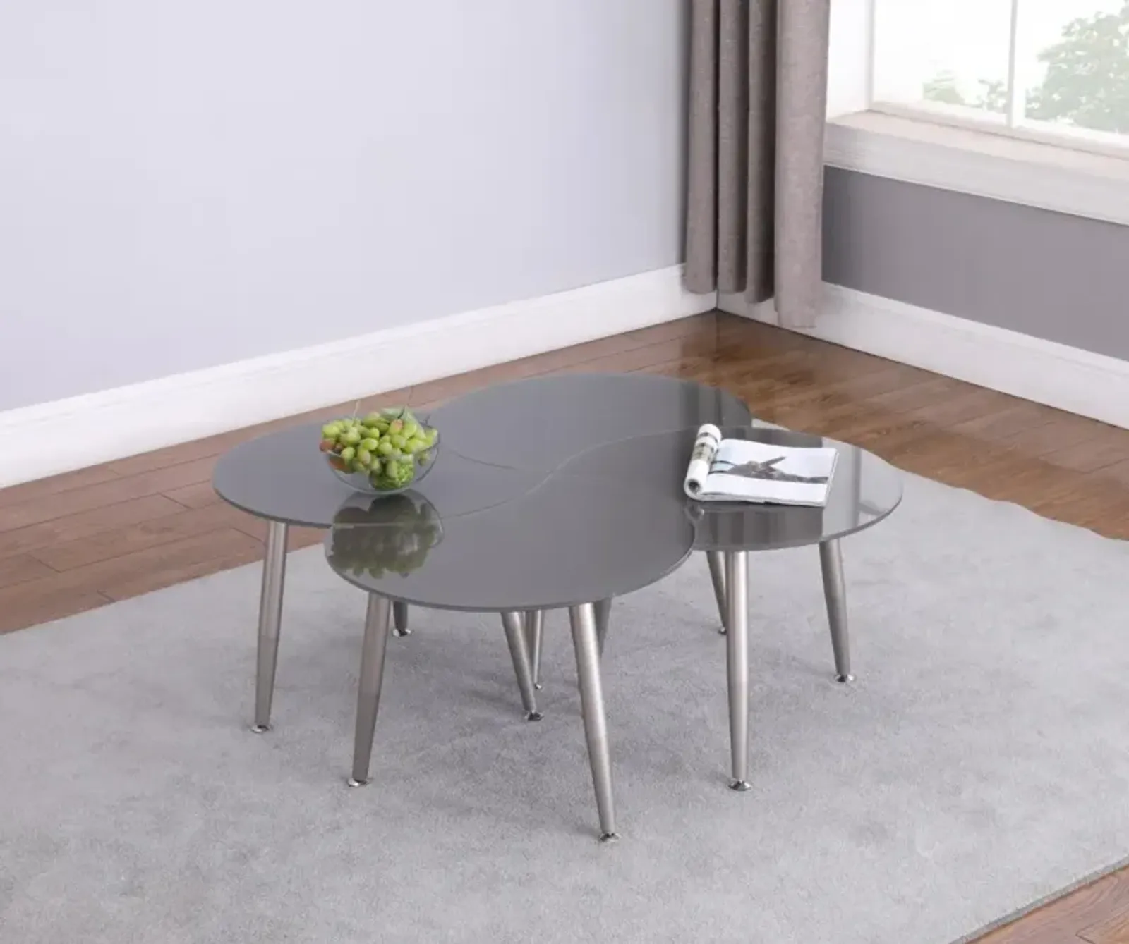 Chintaly Grey Contemporary Shaped-Top Glass Cocktail Table