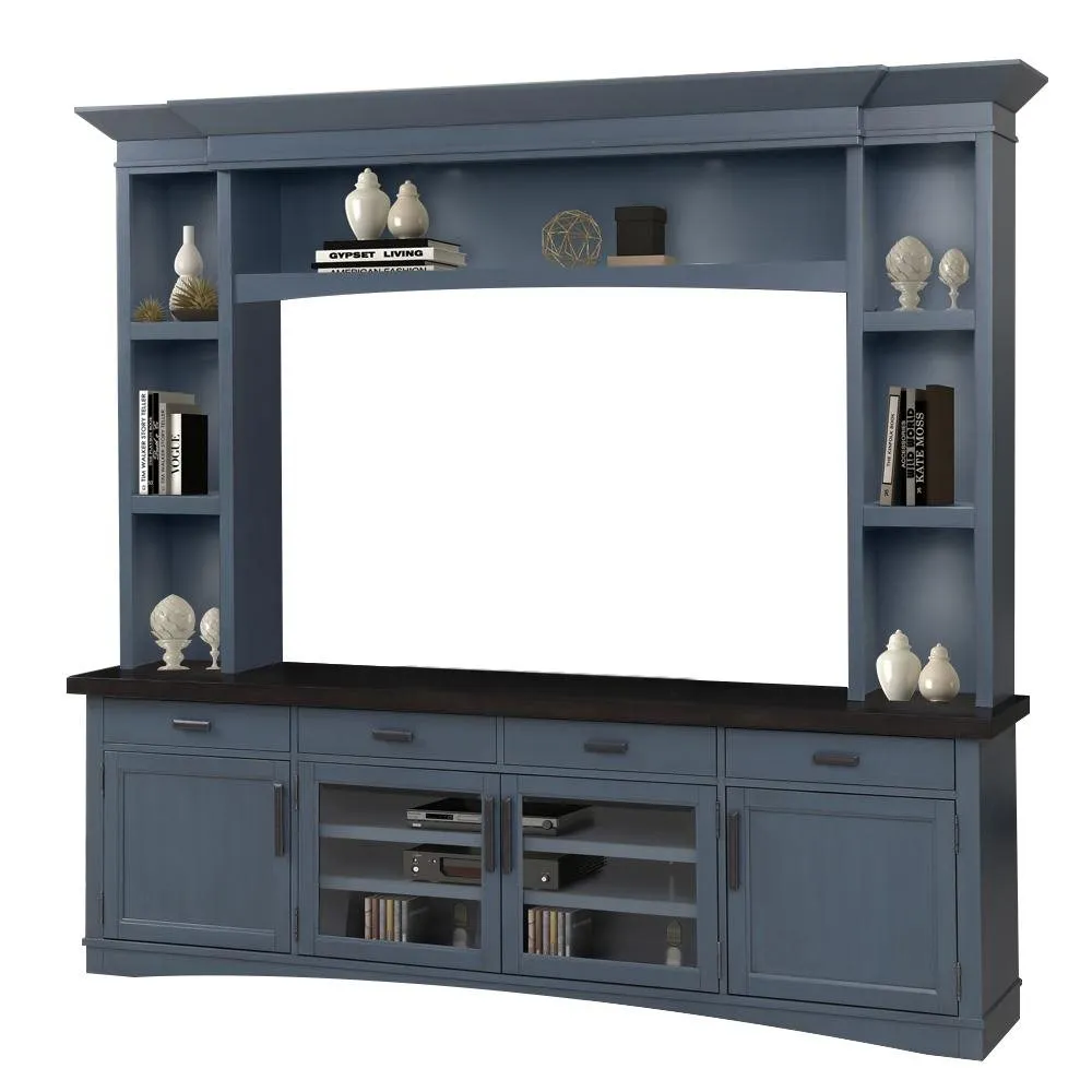 92 IN. TV CONSOLE WITH HUTCH AND LED LIGHTS DENIM AMERICANA MODERN