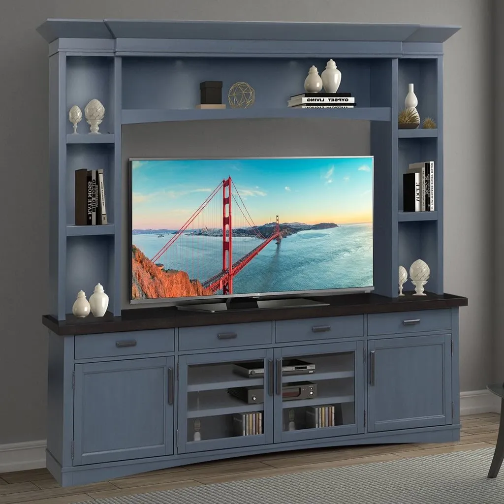 92 IN. TV CONSOLE WITH HUTCH AND LED LIGHTS DENIM AMERICANA MODERN