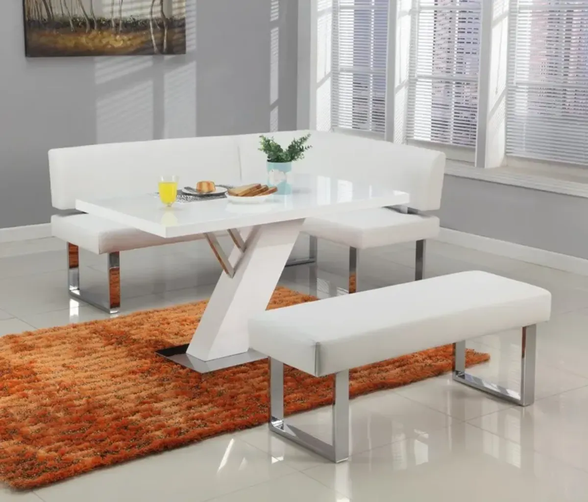 Chintaly Linden Contemporary Dining Set with White Gloss Table Upholstered Bench & Nook